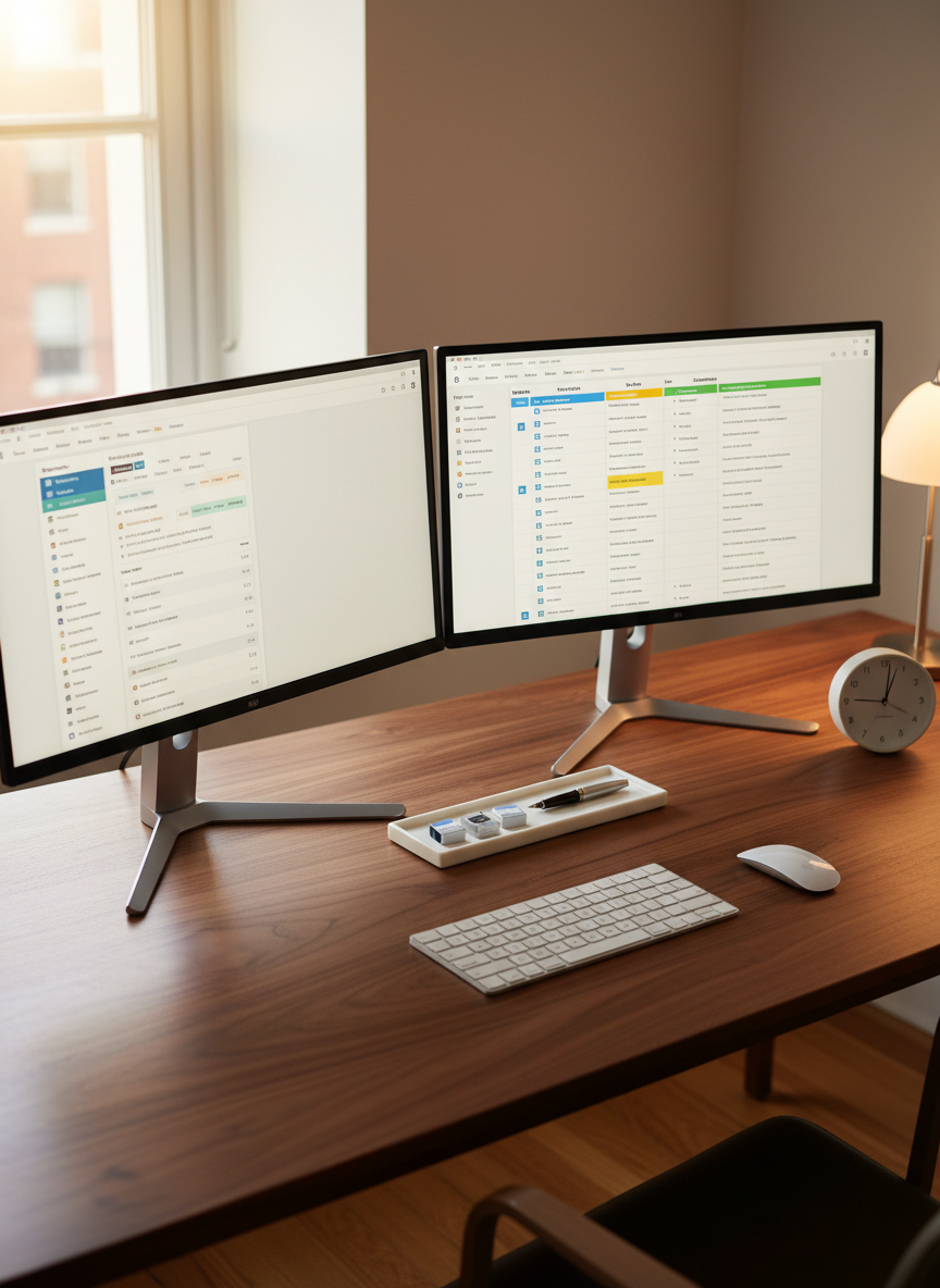 An elegant dual-monitor workspace on a walnut desk, both screens displaying different parts of a streamlined operations dashboard: one shows an organized inbox with categorized labels, the other a tidy task management board with color-coded columns. Between the monitors, a small, matte-white ceramic tray holds labeled USB drives and a slim silver pen. A wireless keyboard and mouse align perfectly with the desk’s edge, and a simple, analog clock with a white face and black hands rests nearby, showing early morning. Warm, indirect daylight from a nearby window and a subtle desk lamp create a balanced, soft glow with minimal shadows. Photographic realism, shot from a slightly elevated angle, clean and modern composition emphasizing digital systems, administrative partnership, and clear visibility over complex details.