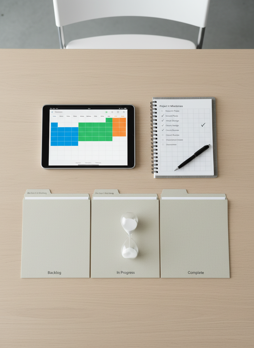 A close-up, overhead view of a neatly arranged project command center on a pale oak table: a tablet displaying a color-coded calendar, a spiral-bound project notebook open to a checklist with several items ticked off, and three coordinated file folders labeled “Backlog,” “In Progress,” and “Complete.” A slim sand-timer with fine white sand sits between the folders, symbolizing time management and momentum. Soft, diffused daylight from above creates even, shadowless illumination, with a hint of reflection on the tablet screen. The background fades into gentle blur, keeping attention on the organized system. Photographic realism with a minimalist, professional aesthetic, conveying calm efficiency, structure, and the feeling of details being expertly handled.