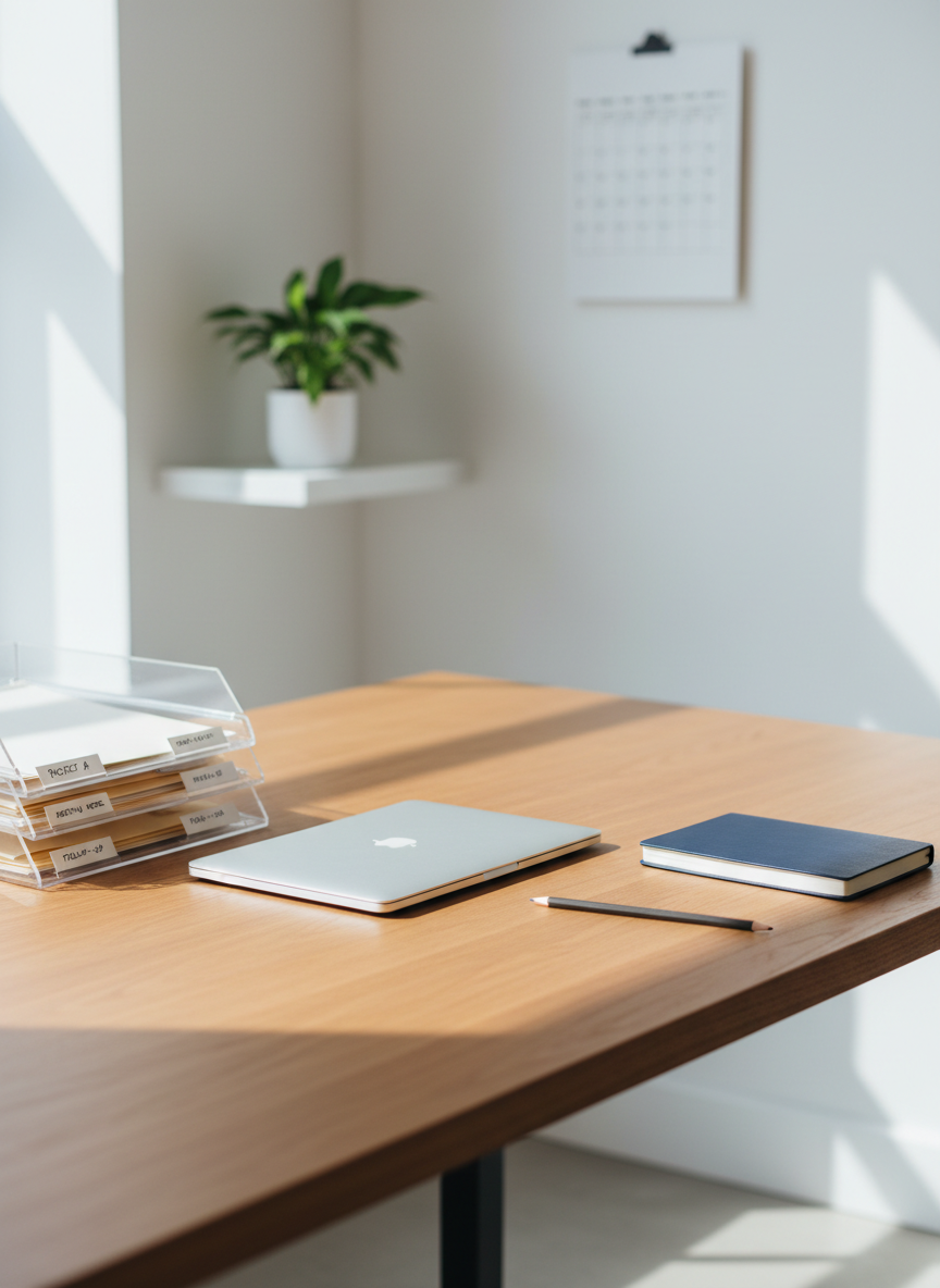 A meticulously organized wooden desk surface in a bright, modern workspace, completely free of clutter except for a slim silver laptop, a navy-blue hardcover notebook, and a single graphite pencil aligned perfectly parallel. A clear acrylic tray holds a few neatly stacked manila folders with labeled tabs, suggesting prioritized tasks. Soft morning daylight enters from an unseen window to the left, casting gentle, linear shadows and creating subtle reflections on the laptop’s metallic finish. In the background, slightly out of focus, a white wall with a minimalist calendar and a small, healthy green plant adds calm structure. Photographic realism, eye-level composition with a shallow depth of field, clean and modern aesthetic, conveying focus, clarity, and professional administrative support.