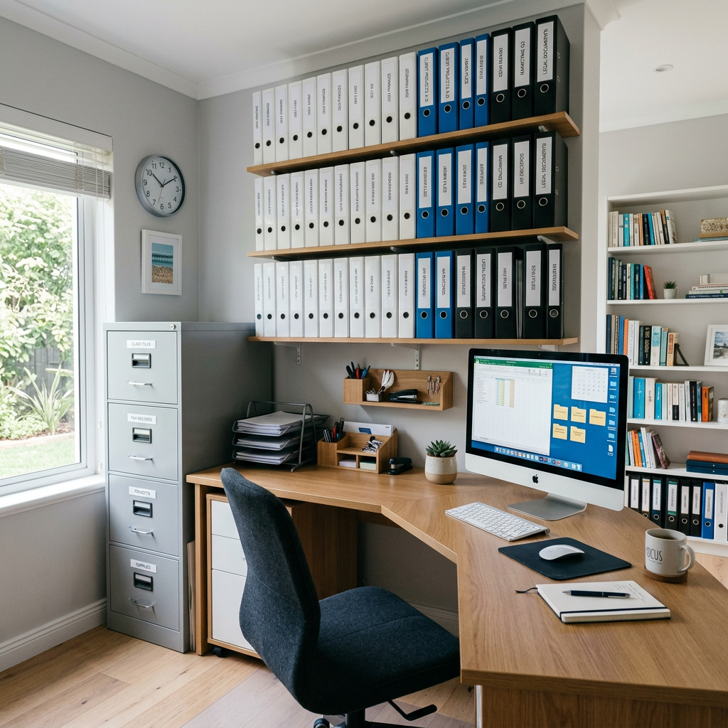 Home office with wooden desk, computer, and shelves of labeled binders
